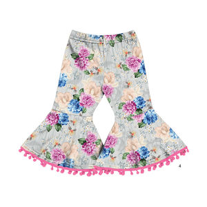 Hot Sell Baby Girls Children Bell Bottom Pants with Pom Poms Boutique Toddler Girls <b>Flare</b> Flowers Pants - Product Image 1