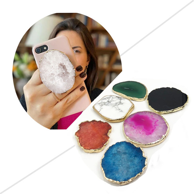Wholesale Flexible Shock-proof Desk Stand Mobile Grip Natural Crystal Gemstone Golden Phone Grip Holder