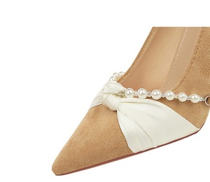 Nuevos Zapatos de Tacón Alto Elegantes de Ante Sintético 2026 con Correa de Perlas y Lazo de Seda, Zapatos de Tacón de Aguja con Punta Fina para Boda y Fiesta Nupcial - Product Image 5