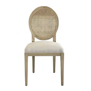 French Style Louis Xvi Round Oval Cane Back Oak Wooden Upholstered Seat Padded Solid Wood Dining Chair P1280