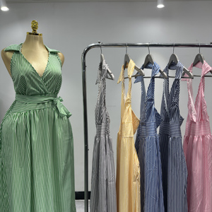 Robe d'été rayée à col en V pour <span class=keywords><strong>femme</strong></span>, robe deux pièces sexy sans manches taille haute pour <span class=keywords><strong>femme</strong></span>, tissu respirant - Product Image 2