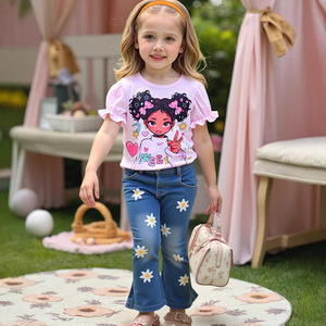 2025 Cross-Border New Casual Kids Girls' Denim Calças Dos Desenhos Animados Impresso T-Shirts 2 Peças Crianças Vestuário Set - Product Image 5