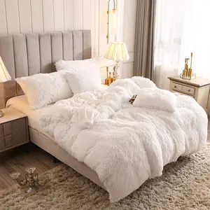 En gros luxe roi/reine taille fausse fourrure velours plaine shaggy vison moelleux peluche literie couette lit housse de couette ensemble de draps - Product Image 4