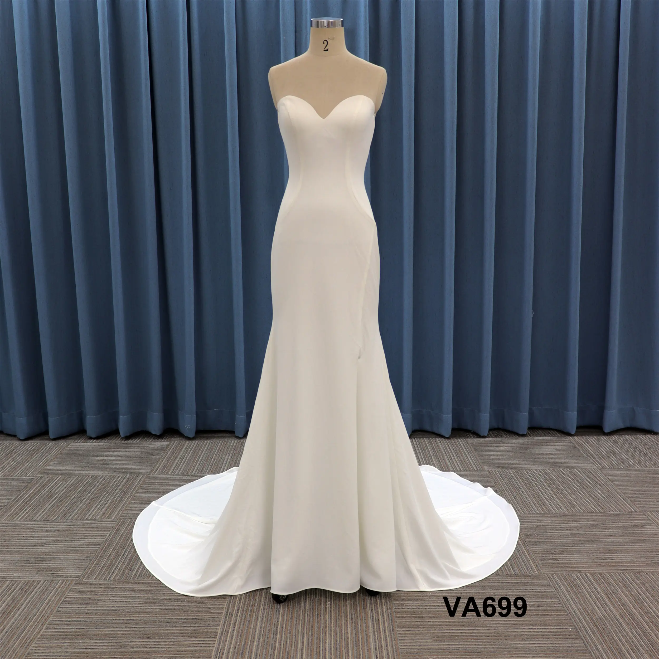 sexy low back v small sweep train plain fitted mermaid factory wholesale bridal gown
