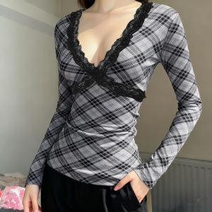 Color Block Plaid Crossover Lace Trim V Neck <b>Long</b> Sleeve <b>T</b> <b>Shirt</b> <b>Women</b> Casual Stylish Versatile Street Top - Product Image 4