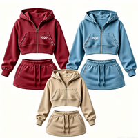 Ensemble de survêtement pour femme en molleton français surdimensionné et personnalisé, style Y2K streetwear, avec sweat à capuche zippé et détails cloutés, 2 pièces