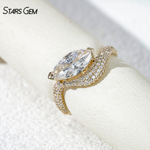 Bague de fiançailles Starsgem 2.1CTW en or massif 10K, diamant de laboratoire taille marquise DEF VS, solitaire avec bande demi-pavé - Product Image 3