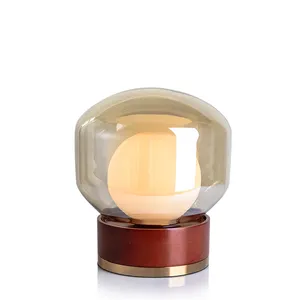 Iluminação de decoração d25cm, lâmpada pequena redonda de vidro transparente moderna de madeira lâmpada de mesa