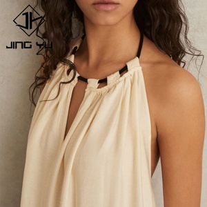 Design Resort Style Slit Neckline Pleated Cream-colored Backless Beach <b>Cover</b>-up Skirt Custom Viscose Fiber <b>Dress</b> - Product Image 3