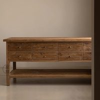 Table de salle à manger en bois massif de style rétro Wabi-Sabi avec comptoir îlot en bois d'ébène, rangement multi-tiroirs et étagère ouverte