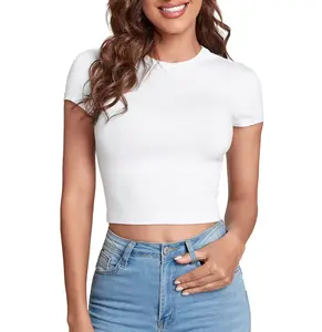 Femmes décontracté basique mancherons mince ajusté col rond 95% coton 5% Spandex Crop t-shirt haut t-shirt