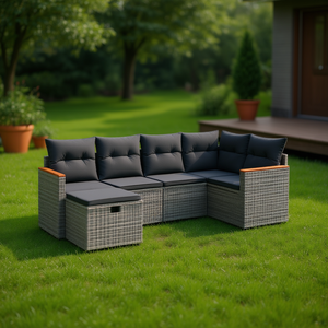 Set Divano da Giardino Moderno in Rattan 6 Posti, Arredamento da Esterno Design Contemporaneo, Struttura in Vimini Grigio con Pouf Contenitore - Product Image 2