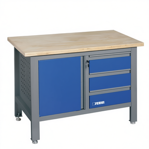 Kit d'assemblage d'établi industriel Fervi 120x60 avec plateau en bois, armoire à 3 tiroirs, capacité de charge de 300 kg, garantie de 3 ans, verrouillage à clé - Product Image 1