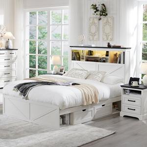 100 MOQ Farmhouse White <strong>Wooden</strong> King Size <strong>Bed</strong> Frame WithStorage Bookcase Headboard and 4 Drawers LED Light Charging Station - Product Image 3