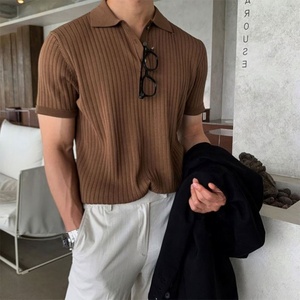 T-shirt à manches courtes pour homme, style Hong Kong, respirant, col rabattu, coupe ample, décontracté, été, fin, couleur unie, tricoté, pour adolescent - Product Image 2