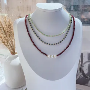 Elegant Small Beaded Necklace Gold Plated Brass Red Agate Stone Hematite Glass Bead Freshwater Pearl Necklaces Jewelry