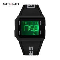 Montre numérique pour homme, boîtier carré, affichage vert, fonctions multiples, acier noir, bracelet en silicone bleu, sport