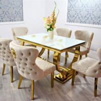 Table à manger en marbre gris la plus vendue avec pieds en acier inoxydable miroir, table rectangulaire assemblée pour salle à manger