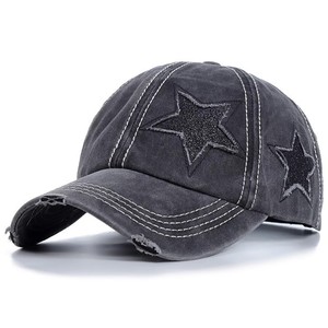 Vintage Washed Cotton Ponytail Baseball Cap with Fringe Glitter Star Patch Distressed Hole Criss Cross Messy Bun Trucker Hat for - Product Image 2