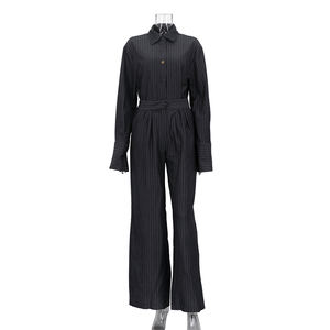 Completo Casual a Due Pezzi con Bottoni Grigio Scuro a Righe, Set con Pantaloni a Gamba Larga e Camicia per <span class=keywords><strong>Donna</strong></span> - Product Image 4