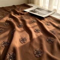 Tissu polyester épais effet laine café, broderie florale radiale vintage à perles tubulaires, pour tenues formelles d'hiver brodées pour filles et garçons
