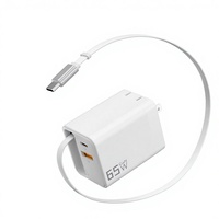 Adaptateur de charge rapide compact 65W GaN PD avec prise US/UK/AU/EU, câble USB-C rétractable, chargeur mural QC3.0 pour téléphones avec câble Type C
