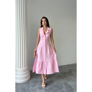 Elegante Vestido Camisero Rosa de Muselina sin Mangas con Cuello para Mujer, Abotonado al Frente, Largo hasta la Rodilla, para Oficina o Fiesta, Tallas XS-XL, con Decoración Fruncida - Product Image 3