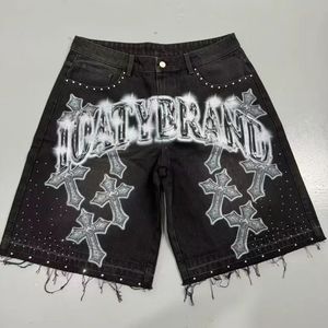 Shorts de mezclilla oversize 100% algodón con efecto rasgado, shorts con pedrería Sun Stone Spray Monkey, shorts deportivos ajustados con flecos estampados para hombre - Product Image 1
