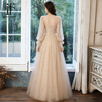 Robe de soirée longue en tulle champagne pour femme, ornée de perles, à manches longues, coupe trapèze, pour bal de promo, mariage ou soirée formelle, OEM