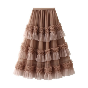 Jupe élastique en gaze taille haute plissée jupes longues en gaze assorties aux couleurs des femmes - Product Image 5