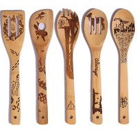 Utensílios de cozinha de bambu orgânico, conjunto de 100% ferramentas de cozinha em bambu