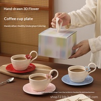 Tasse à café en céramique à motif floral façonnée à la main 300 ml, style nordique minimaliste, pour la maison et le bureau, avec soucoupe et cuillère à soupe, emballage en boîte colorée