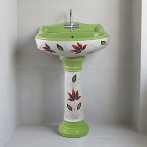 Vinus Vitrosa White Mint Green Round Ceramic Wash Basin with <b>Full</b> Pedestal Designer Bathroom - Product Image 4