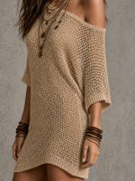 Robe Courte Bohème Femme à Épaules Dénudées en Maille Creuse, Tunique Cache-Cœur en Crochet à Manches 3/4, Robe de Plage Décontractée Ample pour Maillot de Bain