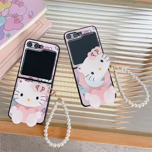 Cute Cartoon KT Cat Mirror Folding Screen Phone Case for Samsung ZFlip 3 4 5 with Bracelet Invisible Holder Phone Accessories