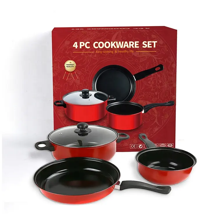Nuevo diseño rojo de 4 piezas de utensilios de cocina, juegos de ollas, juego de utensilios de cocina, juego de sartenes y ollas de hierro antiadherentes para Cocina