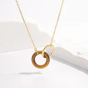 Ornamen sederhana cincin ganda gesper 925 perak emas berlapis lingkaran berpaut cinta kayu petrified liontin kalung perhiasan