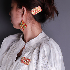 Handmade Bamboo Woven Brooch Flower Red Gold Unisex Gift Jewelry Craft - Product Image 3