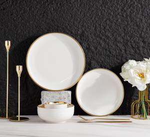 Juego de vajilla de cerámica blanca con borde dorado, vajilla de lujo personalizada al por mayor para hoteles, restaurantes, bodas, caja de regalo, supermercado - Product Image 6