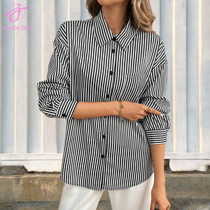 Camicia Loveda estiva da donna, casual, a righe bianche e nere, con fiocco sulla schiena e bottoni sul davanti, a maniche lunghe, molto venduta. - Product Image 5