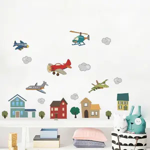 Kartun Pesawat Helikopter Stiker Dinding Rumah Berwarna-warni Wallpaper untuk Anak Kamar Tidur Ruang Tamu Ruang Kreatif Yang Dapat Dilepas PVC Dinding Mural