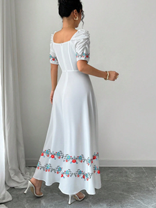 Women Casual <b>Vintage</b> Short Sleeve Red Blue Embroidered Maxi <b>Dress</b> <b>Summer</b> Woven Natural Waist Machine Embroidery 100% Cotton - Product Image 2