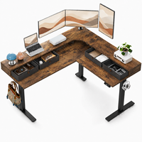 Bureau moderne en L à trois pièces, réglable en hauteur, avec double moteur, tiroirs, poste de travail assis-debout écologique pour le télétravail