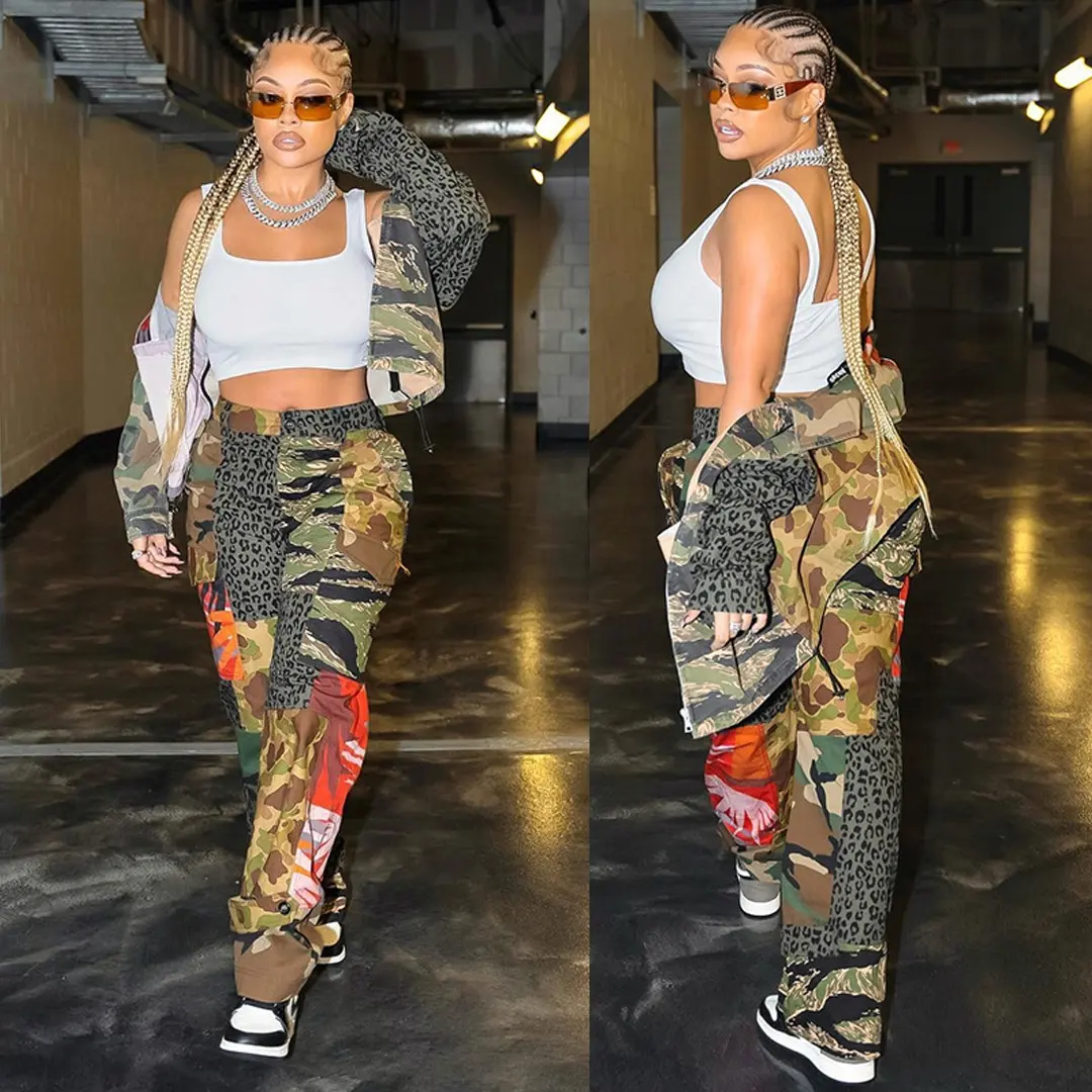 6712PL New casual fall winter fashion streetwear american clothing cargo pocket camo pants ripped women pants letter flare pants