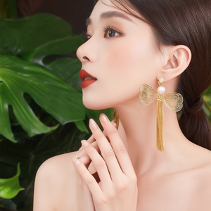 Pendientes de Perlas Chapados en Oro, Acero Inoxidable 316L, Diseño de Lazo con Borlas, Estilo Bohemio, Joyería de Fiesta para Mujer, 18 cm - Product Image 3