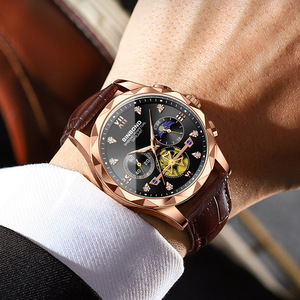 Binbond Men's Quartz Watch Rose Gold Black Dial Chronograph Moon Phase Date Leather Strap 11mm Analog 30M Waterproof - Product Image 2