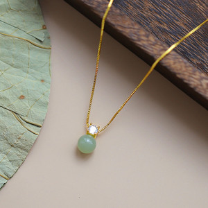 Single Hetian Jade Diamond Necklace Ball Shape Claw Setting Everyday Wear Clavicle Chain Geometric Design Lucky Bead Choker - Product Image 3
