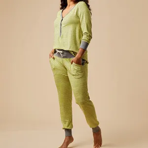 Conjunto de pijamas Henley para mulheres, pijamas de bambu para mulheres, pijamas estampados de manga comprida, ecológicos para mulheres