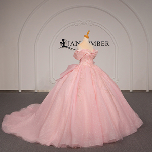 Vestido de Quinceañera Rosa de Lujo Xybb09-Pz, Vestido de Gala con Cuentas y Lentejuelas, Hombros Descubiertos, Lazo Grande, Cola Larga, Estilo Princesa, Jancember - Product Image 2