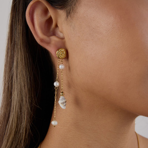 Drop <b>Earrings</b> With Pearl And Shell Beads <b>Gold</b> Plated Chain Long <b>Dangle</b> Party Jewelry - Product Image 4